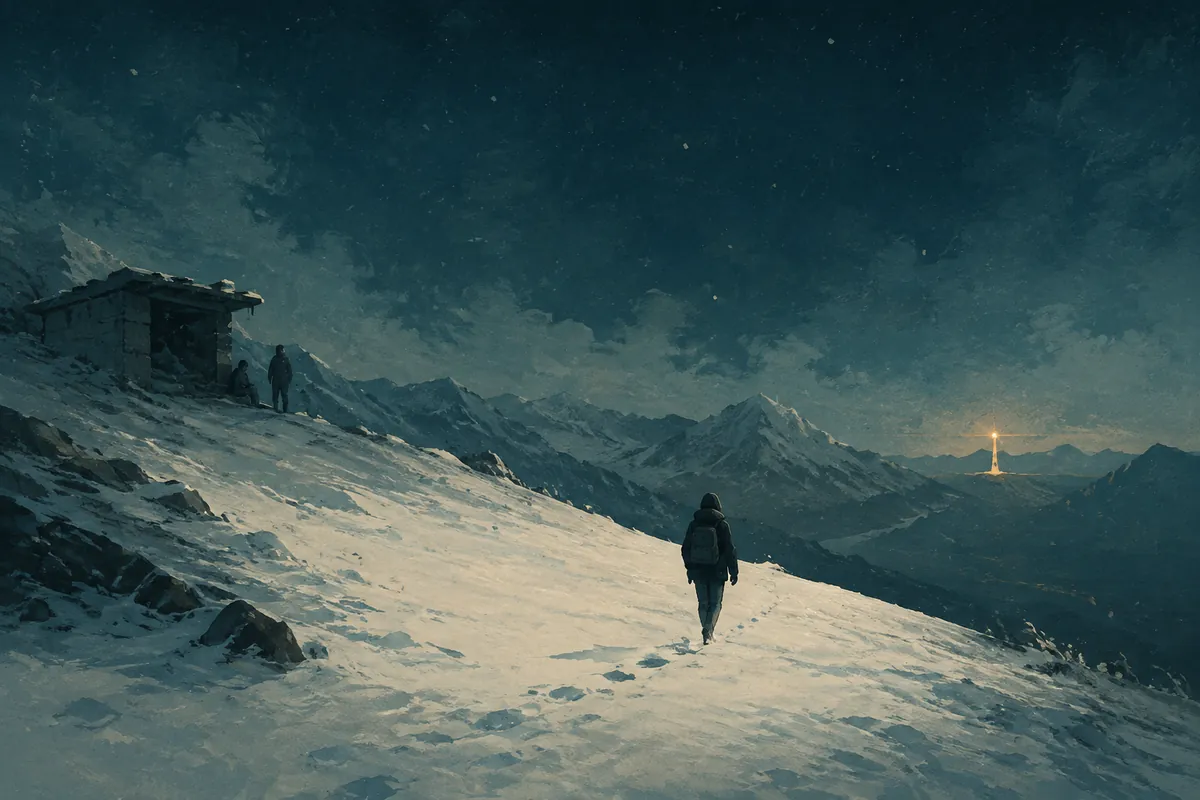 雪夜山中，一个少年走向远方微光，另两位朋友留在遮蔽处。